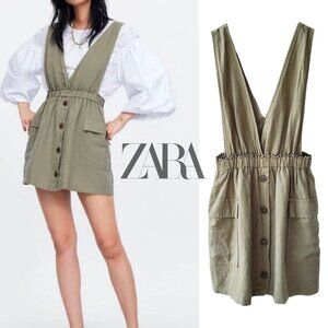 ZARA Rustic Pinafore Dress Overall Jumper Linen Blend Light Olive Green Size S